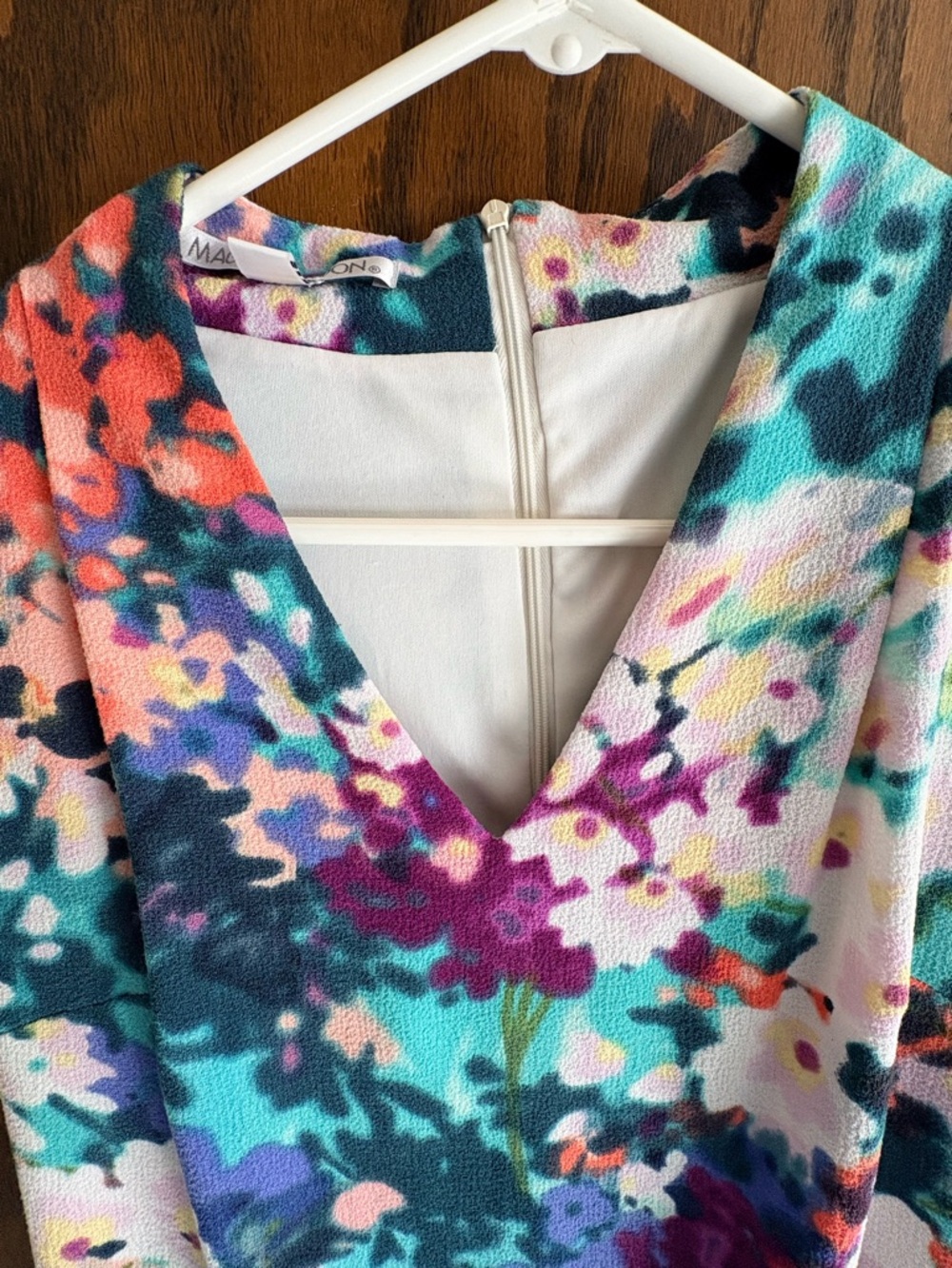 Maggy London Multicolor Floral V-Neck Dress - Teal, Coral, Purple, Navy